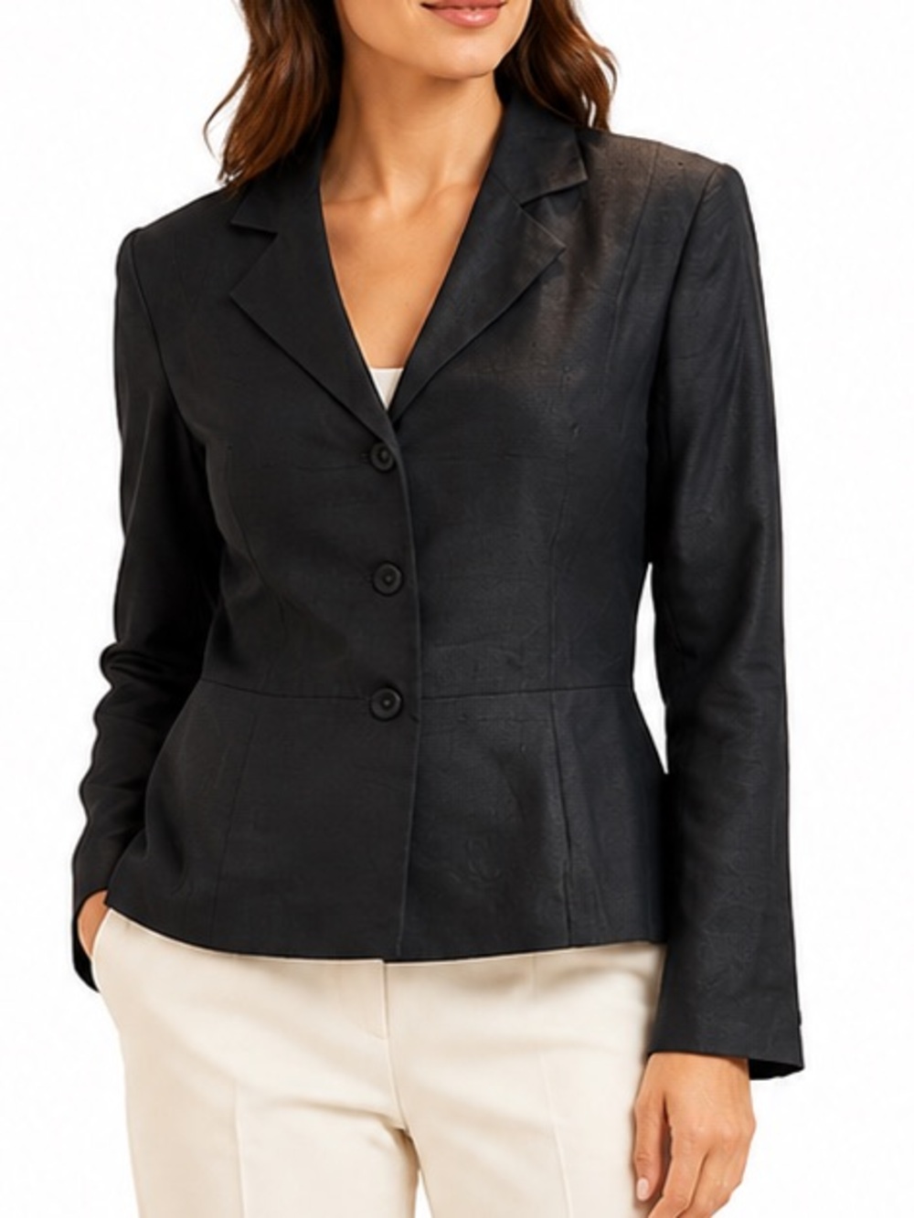 Vintage Tweeds Black 100% Silk Blazer 10 Fitted Peplum Quiet Luxury Minimalist